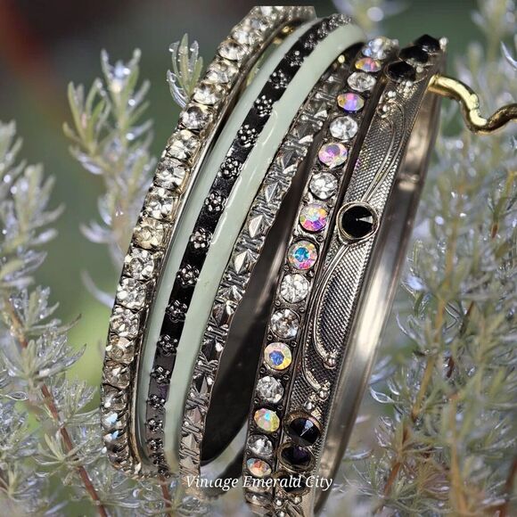 Celestial Collection Bangles Set Of 5 Mixed Enamel Rhinestone Sparkle Bracelets - Picture 3 of 14